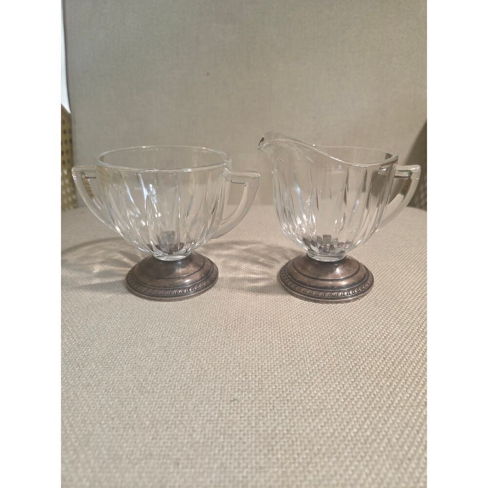 VTG Saben Glass Creamer & Sugar Bowl Set Sterling Silver Bases